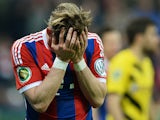 Bayern Munich's midfielder Bastian Schweinsteiger reacts after failling to score from his header during the German Cup DFB Pokal semi-final football match FC Bayern Munich v Borussia Dortmund in Munich, southern Germany, on April 28, 2015