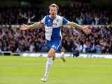 Chris Lines of Bristol celebrates scoring the opening goal of the game during the Vanarama Football Conference League Play Off Semi Final Second Leg between Bristol Rovers and Forest Green Rovers at Memorial Stadium on May 3, 2015