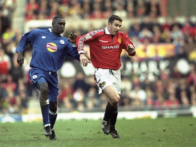 Emile Heskey of Leicester challenges Danny Higginbottom of Manchester United during the FA Carling Premiership match played at Old Trafford in Manchester on November 6, 1999