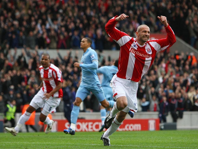 Danny Higginbotham of Stoke City celebrates scoring his penalty during the Barclays Premier League match between Stoke City and Tottenham Hotspur at the Brittania Stadium on October 19, 2008