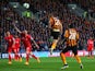 Michael Dawson of Hull City scores their first goal during the Barclays Premier League match between Hull City and Liverpool at KC Stadium on April 28, 2015