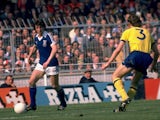Paul Mariner of Ipswich Town is watched by Sammy Nelson of Arsenal during the FA Cup Final at Wembley in London on May 6, 1978