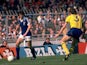 Paul Mariner of Ipswich Town is watched by Sammy Nelson of Arsenal during the FA Cup Final at Wembley in London on May 6, 1978