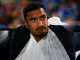 Jerome Kaino of the Blues sits injured on the bench during the round 12 Super Rugby match between the Blues and the Force at Eden Park on May 2, 2015