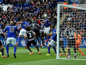 Leonardo Ulloa of Leicester City heads the opening goal during the Barclays Premier League match between Leicester City and Newcastle United at The King Power Stadium on May 2, 2015