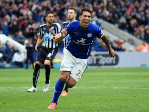 Leonardo Ulloa of Leicester City celebrates scoring his team's third goal from the penalty spot during the Barclays Premier League match between Leicester City and Newcastle United at The King Power Stadium on May 2, 2015