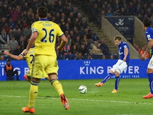 Marc Albrighton of Leicester City scores the opening goal during the Barclays Premier League match between Leicester City and Chelsea at The King Power Stadium on April 29, 2015