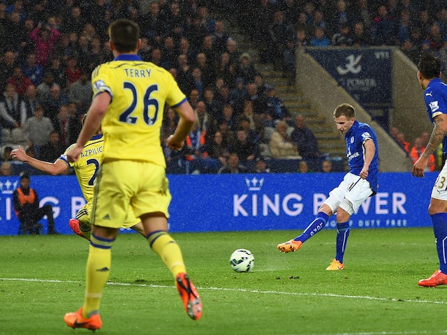 Marc Albrighton of Leicester City scores the opening goal during the Barclays Premier League match between Leicester City and Chelsea at The King Power Stadium on April 29, 2015