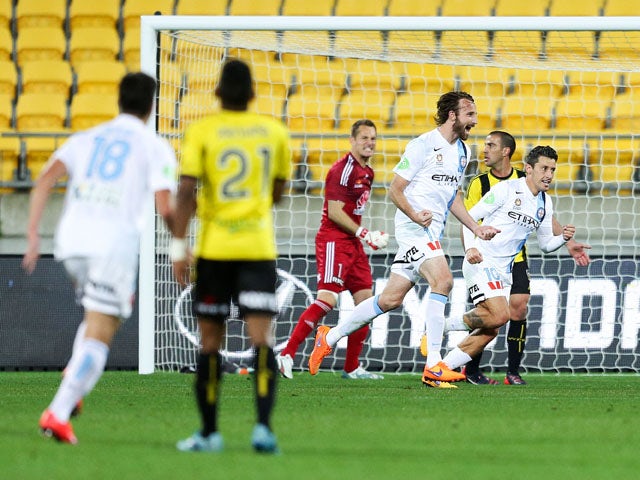 Joshua Kennedy of Melbourne City celebrates his goal during the A-League Elimination match between the Wellington Phoenix and Melbourne City FC at Westpac Stadium on May 3, 2015