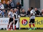 Nathan Arnold of Grimsby (L) celebrates with team mates after scoring during the Vanarama Football Conference League play off 1st leg match between Eastleigh FC and Grimsby Town at Silverlake Stadium on April 30, 2015