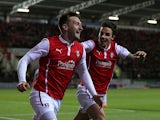 Lee Frecklington of Rotherham celebrates his goal with team mates Matt Derbyshire during the Sky Bet Championship match between Rotherham United and Reading at The New York Stadium on April 28, 2015