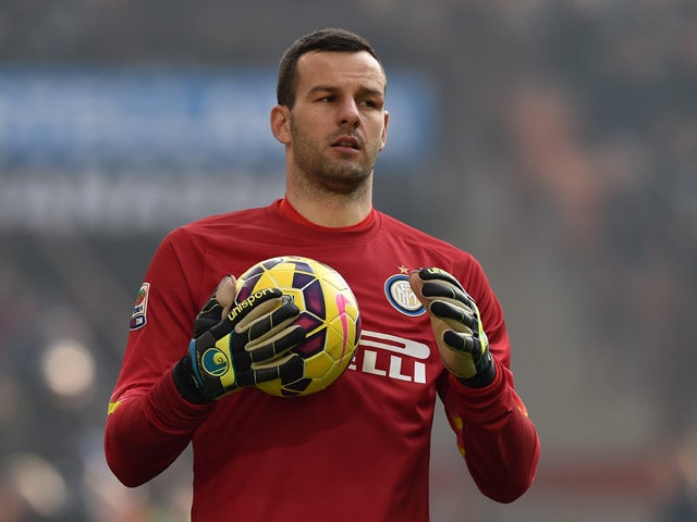 Samir Handanovic of FC Internazionale Milano looks during the Serie A match between FC Internazionale Milano and Genoa CFC at Stadio Giuseppe Meazza on January 11, 2015