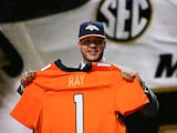 Shane Ray of the Missouri Tigers holds up a jersey after being picked #23 overall by the Denver Broncos during the first round of the 2015 NFL Draft at the Auditorium Theatre of Roosevelt University on April 30, 2015