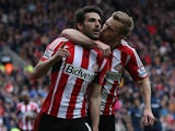 Sunderland's Jordi Gomez celebrates scoring his second penalty during the English Premier League football match between Sunderland and Southampton at the Stadium of Light in Sunderland, northeast England, on May 2, 2015
