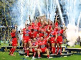 The Toulon team celebrate their victory during the European Rugby Champions Cup Final match between ASM Clermont Auvergne and RC Toulon at Twickenham Stadium on May 2, 2015