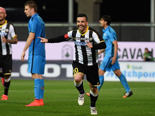 Antonio Di Natale of Udinese Calcio celebrates after scoring his teams first goal during the Serie A match between Udinese Calcio and FC Internazionale Milano at Stadio Friuli on April 28, 2015