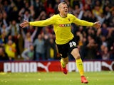 Matej Vydra of Watford celebrates scoring the opening goal during the Sky Bet Championship match between Watford and Sheffield Wednesday at Vicarage Road on May 2, 2015