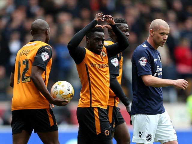 Nouha Dicko of Wolves celebrates after scoring the opening goal of the game during the Sky Bet Championship match between Wolverhampton Wanderers and Millwall at Molineux on May 2, 2015