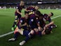 Barcelona players celebrate a goal during the UEFA Champions League football match FC Barcelona vs FC Bayern Muenchen at the Camp Nou stadium in Barcelona on May 6, 2015