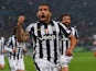 Carlos Tevez of Juventus celebrates as he scores their second goal from a penalty during the UEFA Champions League semi final first leg match between Juventus and Real Madrid CF at Juventus Arena on May 5, 2015