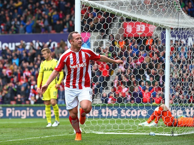 Charlie Adam of Stoke City celebrates scoring the opening goal during the Barclays Premier League match between Stoke City and Tottenham Hotspur at Britannia Stadium on May 9, 2015