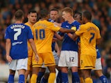 Tempers flare between the players of Chesterfield and Preston North End during the Sky Bet League One Playoff Semi-Final, first leg match between Chesterfield and Preston North End at the Proact Stadium on May 7, 2015