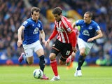 Danny Graham of Sunderland goes past Leighton Baines and Phil Jagielka of Everton during the Barclays Premier League match between Everton and Sunderland at Goodison Park on May 9, 2015