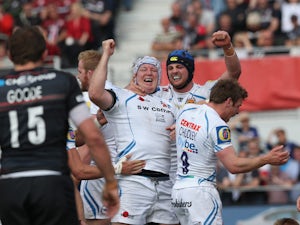 Thomas Waldrom of Exeter celebrates after scoring a second half try during the Aviva Premiership match between Saracens and Exeter Chiefs at Allianz Park on May 10, 2015