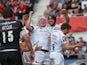 Thomas Waldrom of Exeter celebrates after scoring a second half try during the Aviva Premiership match between Saracens and Exeter Chiefs at Allianz Park on May 10, 2015