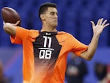 Quarterback Marcus Mariota of Oregon throws a pass during the 2015 NFL Scouting Combine at Lucas Oil Stadium on February 21, 2015