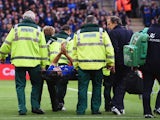 Matty James of Leicester leaves the field on a stretcher during the Barclays Premier League match between Leicester City and Southampton at The King Power Stadium on May 9, 2015