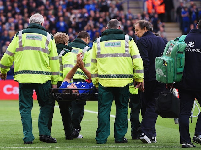 Matty James of Leicester leaves the field on a stretcher during the Barclays Premier League match between Leicester City and Southampton at The King Power Stadium on May 9, 2015