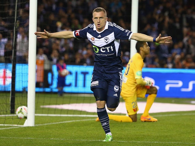 Besart Berisha of the Victory celebrates after scoring a goal during the A-League semi final match between Melbourne Victory and Melbourne City at Etihad Stadium on May 8, 2015
