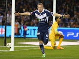 Besart Berisha of the Victory celebrates after scoring a goal during the A-League semi final match between Melbourne Victory and Melbourne City at Etihad Stadium on May 8, 2015