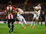 Fernando Amorebieta of Middlesbrough (29) scores their second goal during the Sky Bet Championship Playoff semi-final first leg match between Brentford and Middlesbrough at Griffin Park on May 8, 2015