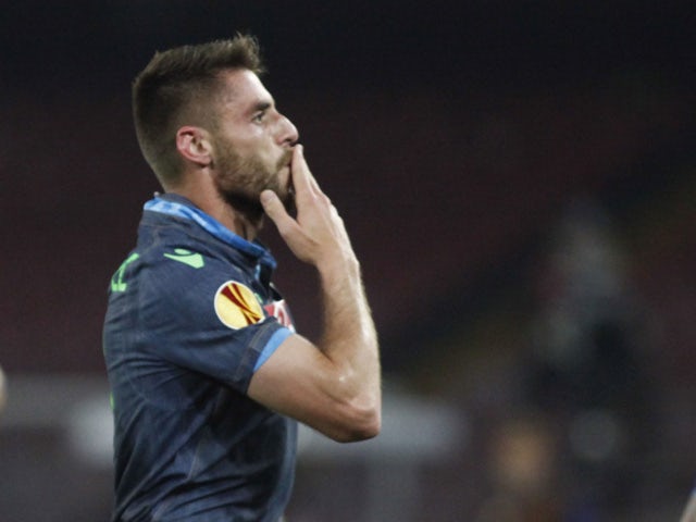 Napoli's midfielder from Spain David Lopez celebrates after scoring during the UEFA Europa League semi final first leg football match SSC Napoli vs FK Dnipro Dnipropetrovsk on May 7, 2015