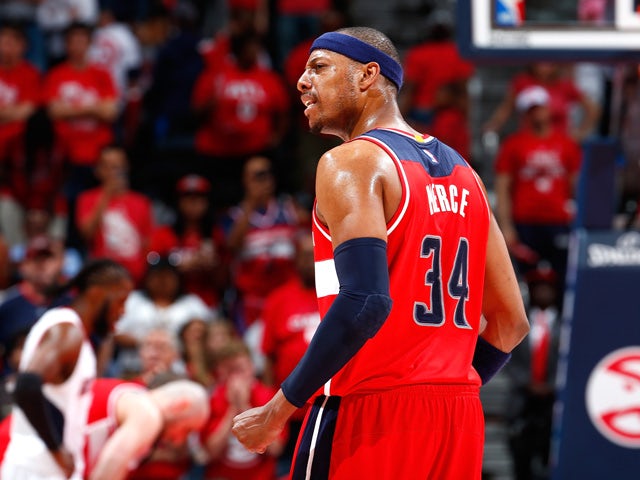 Paul Pierce #34 of the Washington Wizards reacts in the final seconds of their 104-98 win over the Atlanta Hawks during Game One of the Eastern Conference Semifinals of the 2015 NBA Playoffs at Philips Arena on May 3, 2015 