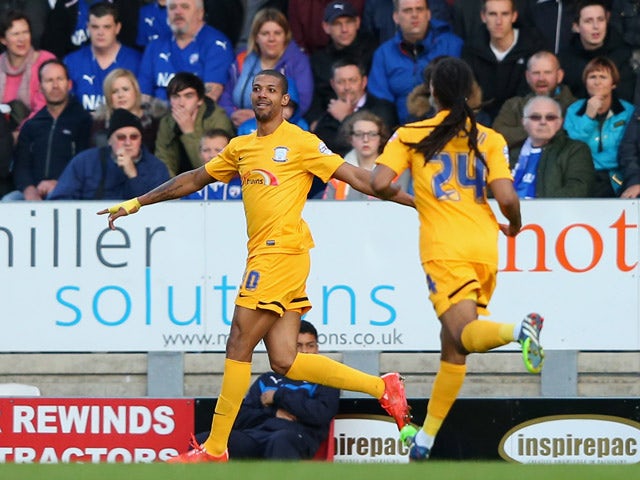 Jermaine Beckford of Preston North End celebrates his goal during the Sky Bet League One Playoff Semi-Final, first leg match between Chesterfield and Preston North End at the Proact Stadium on May 7, 2015
