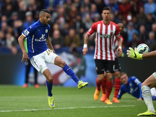 Riyad Mahrez of Leicester City scores the second goal during the Barclays Premier League match between Leicester City and Southampton at The King Power Stadium on May 9, 2015