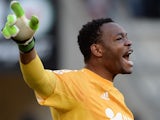 French goalkeeper Steve Mandanda reacts during the French L1 football match between Rennes (SRFC) and Marseille (OM) on February 7, 2015