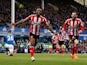Jermain Defoe of Sunderland celebrates scoring his team's second goal with Steven Fletcher (R) during the Barclays Premier League match between Everton and Sunderland at Goodison Park on May 9, 2015