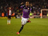 Nathan Byrne of Swindon Town celebrates scoring the winning goal during the Sky Bet Championship semi final match first leg match between Sheffield United and Swindon Town at Bramall Lane on May 7, 2015