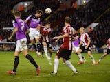 Sam Ricketts of Swindon Town scores the equalising goal during the Sky Bet Championship semi final match first leg match between Sheffield United and Swindon Town at Bramall Lane on May 7, 2015