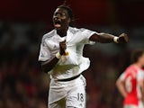 Bafetibis Gomis of Swansea City celebrates scoring the opening goal during the Barclays Premier League match between Arsenal and Swansea City at Emirates Stadium on May 11, 2015
