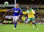 Freddie Sears of Ipswich Town holds off Martin Olsson of Norwich City during the Sky Bet Championship Playoff semi final second leg match between Norwich City and Ipswich Town at Carrow Road on May 16, 2015 