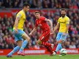 Steven Gerrard of Liverpool passes the ball during the Barclays Premier League match between Liverpool and Crystal Palace at Anfield on May 16, 2015