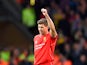 Steven Gerrard of Liverpool gestures during the Barclays Premier League match between Liverpool and Crystal Palace at Anfield on May 16, 2015