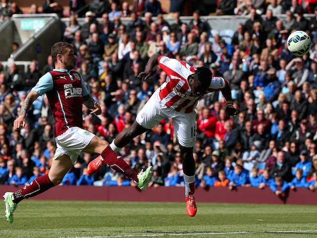 Mame Biram Diouf of Stoke City heads toward the goal during the Barclays Premier League match between Burnley and Stoke City at Turf Moor on May 16, 2015