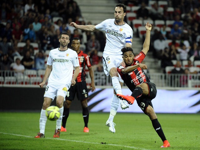 Nices French defender Jordan Amavi scores a goal during the French L1 football match between OGC Nice and RC Lens on May 16, 2015