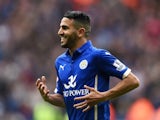 Riyad Mahrez celebrates scoring for Leicester on May 9, 2015